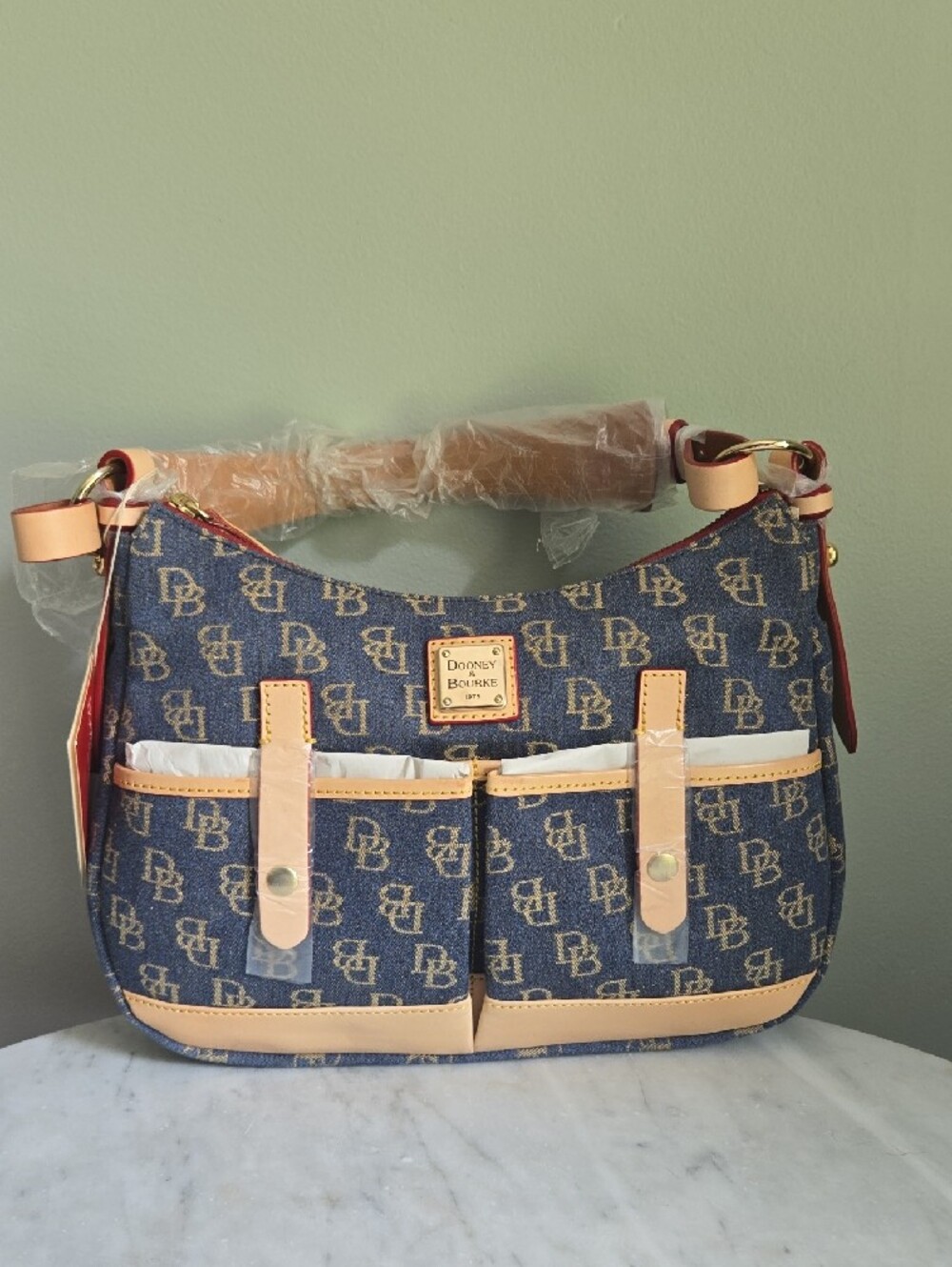 Dooney & Bourke Blue Logo Shoulder Bag with Tan Trim